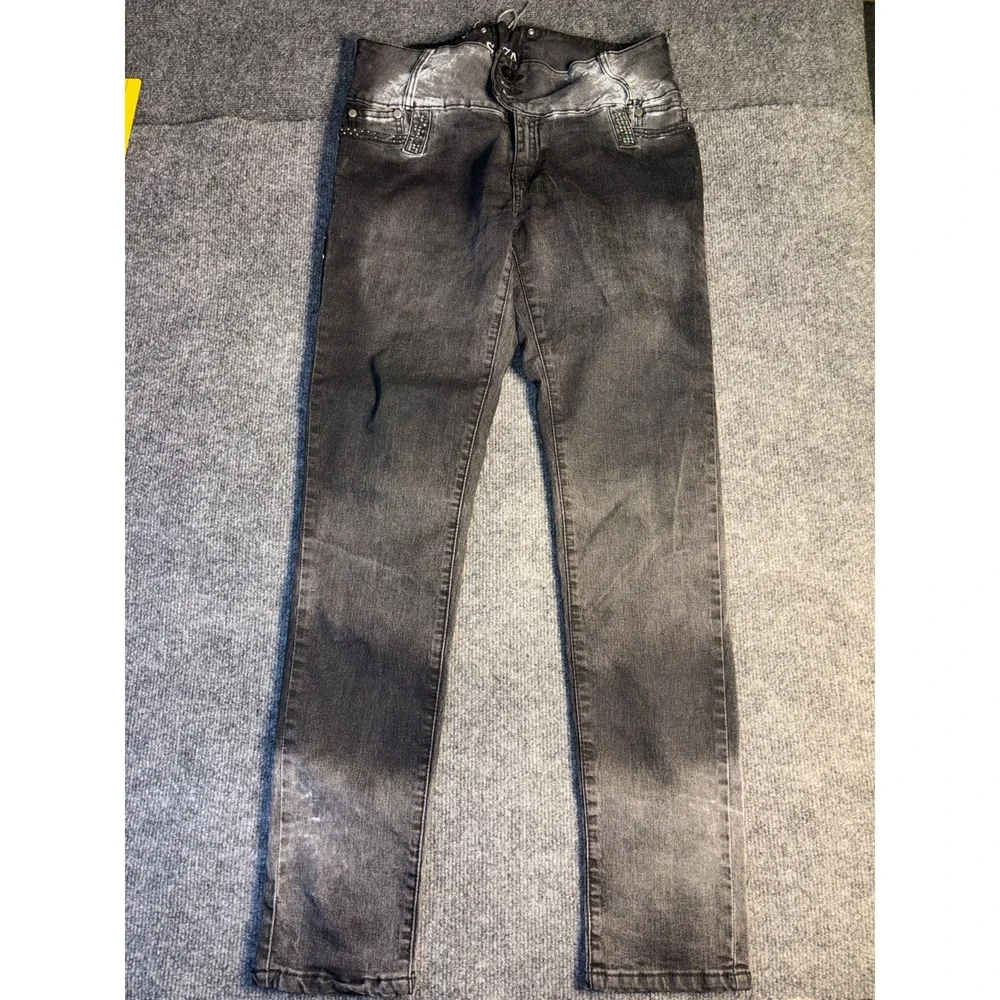 SAZA Skinny Jeans Womens 17 Gray Rhinestone Embellished Lace Up Back Button Fly‎